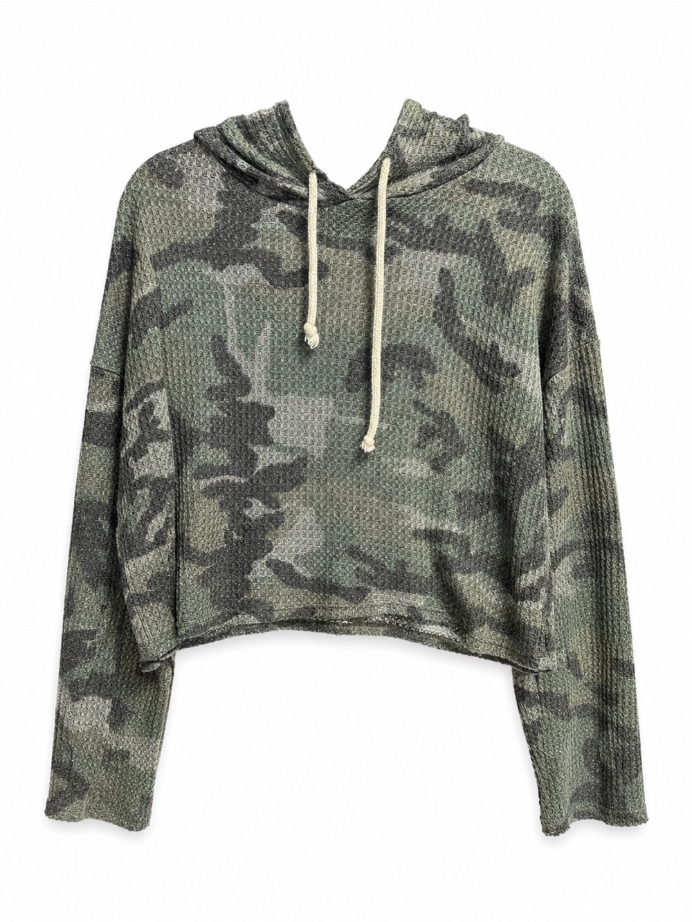 Caution to the Wind Camo Waffle Knit Cropped Hoodie